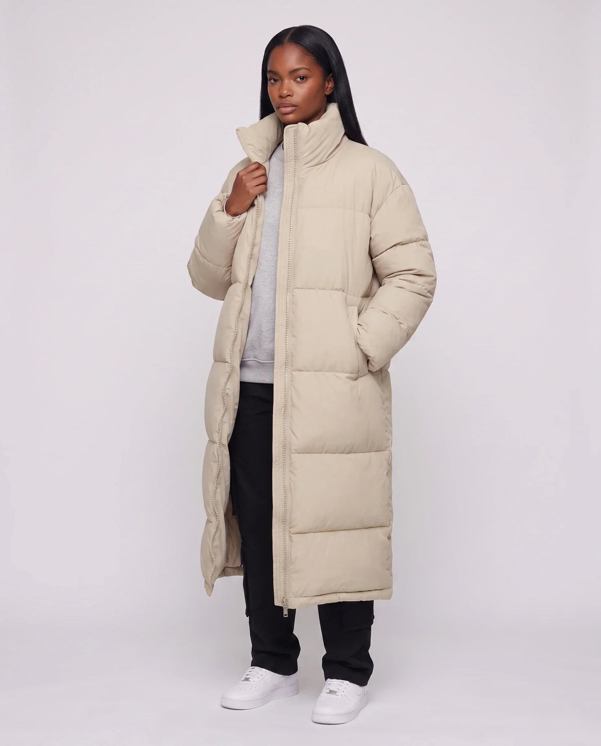 Extra-Long Boxy Puffer Jacket with Funnel Collar and Double Zip