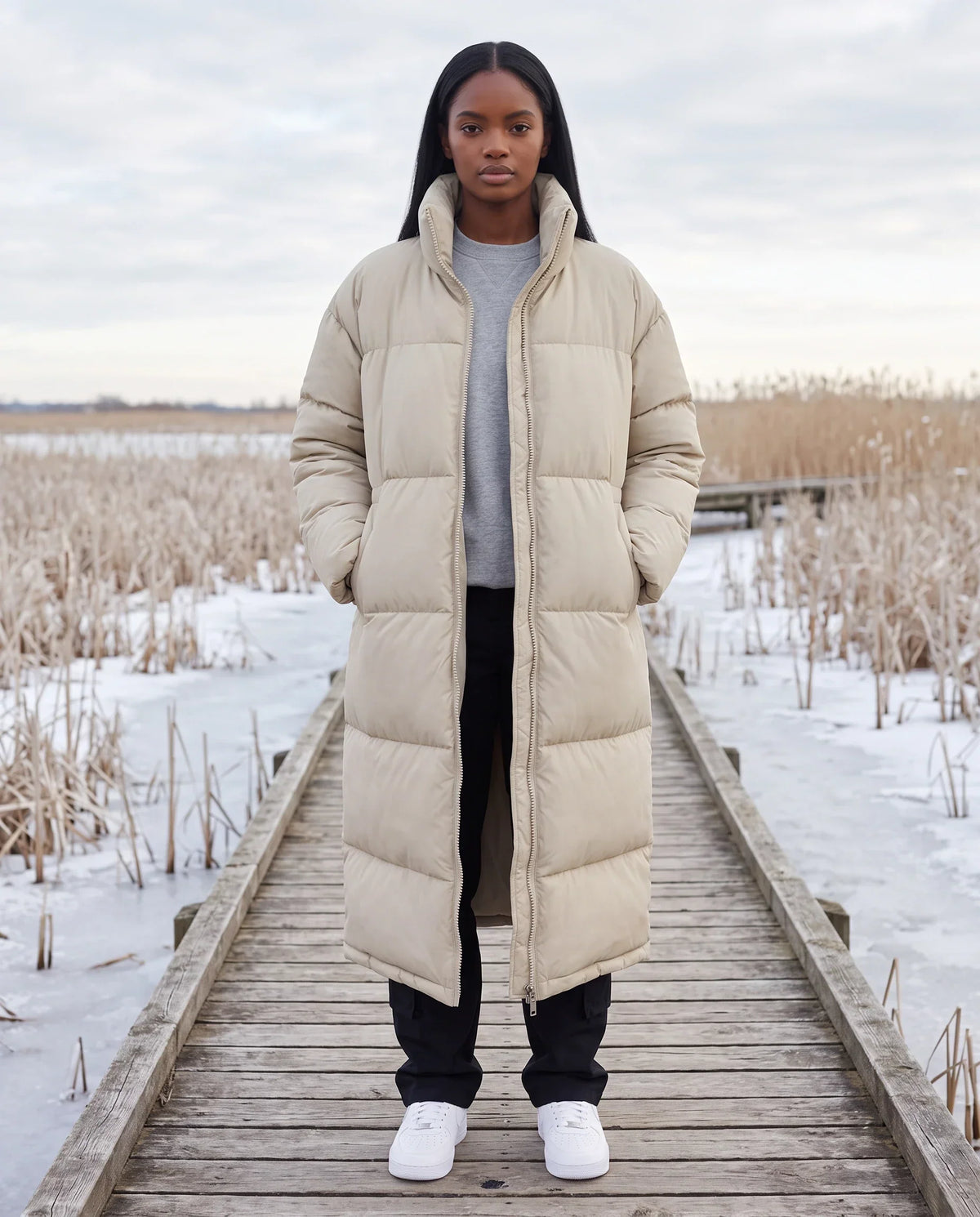 Extra-Long Boxy Puffer Jacket with Funnel Collar and Double Zip