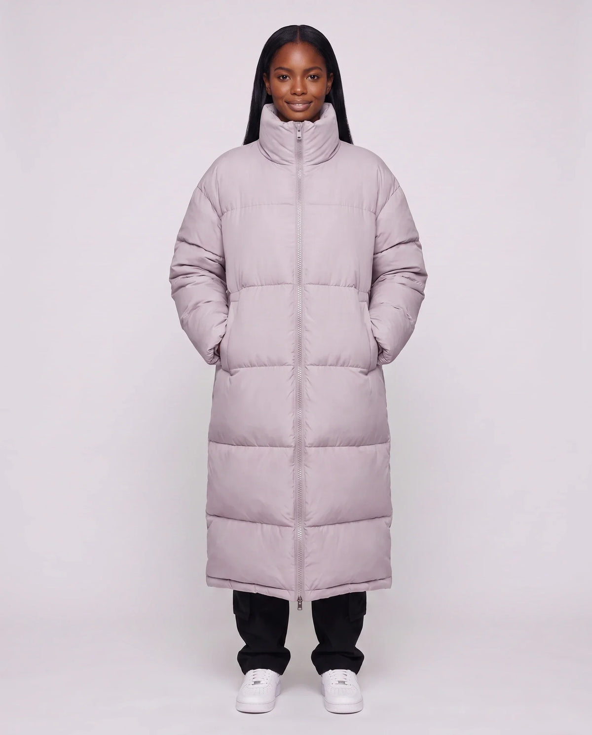 Extra-Long Boxy Puffer Jacket with Funnel Collar and Double Zip