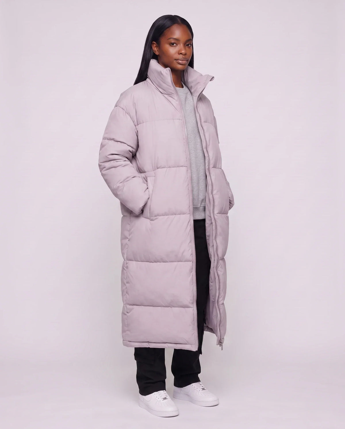 Extra-Long Boxy Puffer Jacket with Funnel Collar and Double Zip
