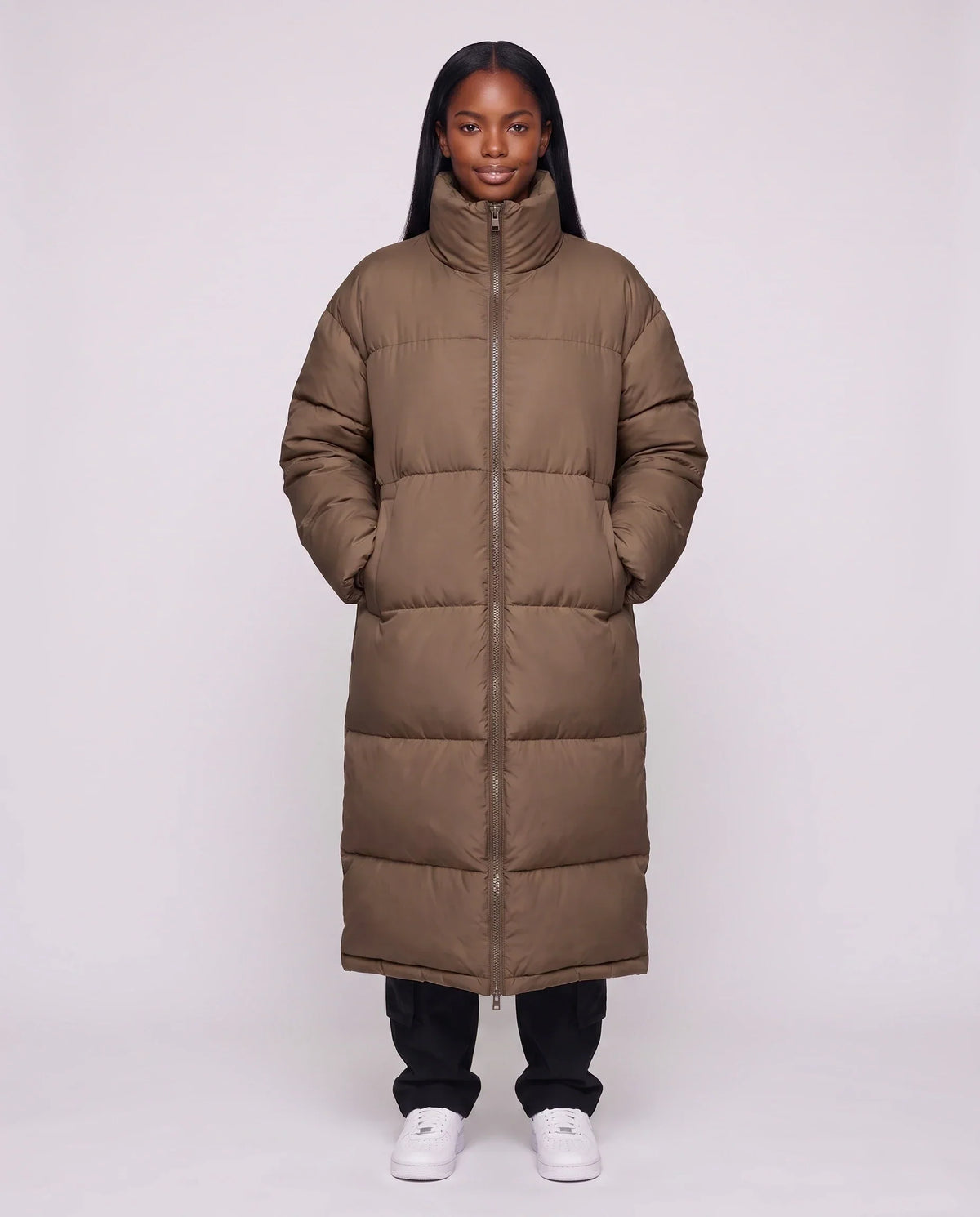 Extra-Long Boxy Puffer Jacket with Funnel Collar and Double Zip