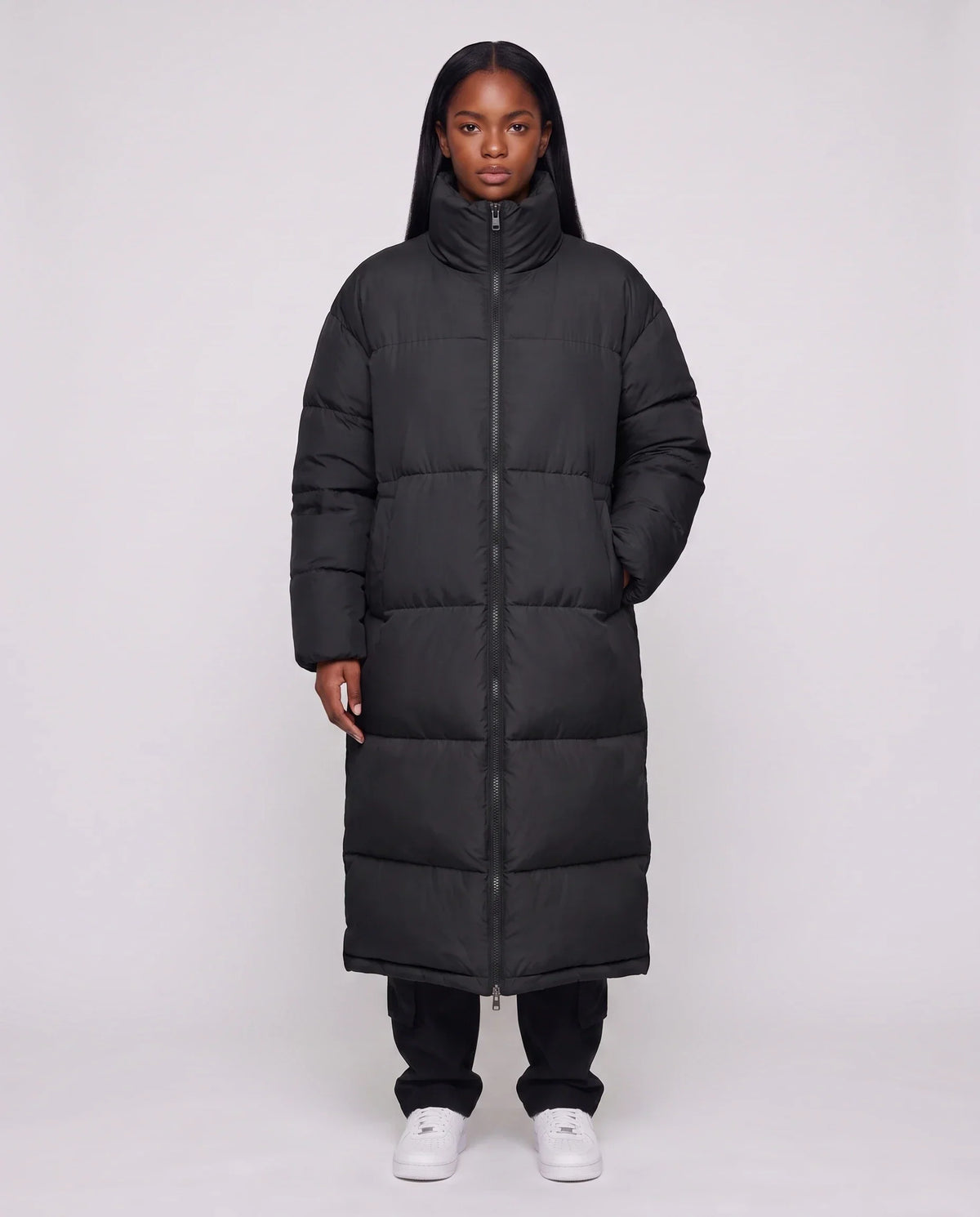 Extra-Long Boxy Puffer Jacket with Funnel Collar and Double Zip