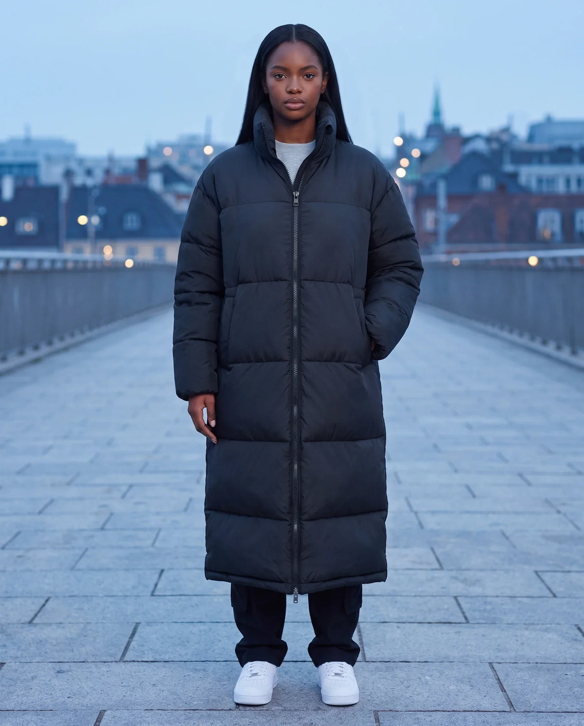 Extra-Long Boxy Puffer Jacket with Funnel Collar and Double Zip
