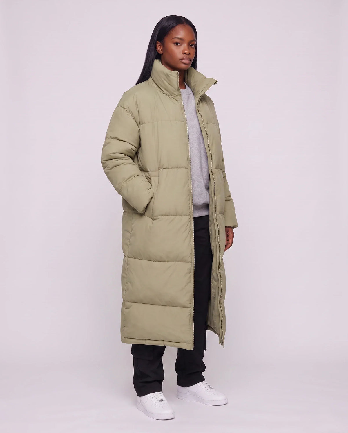 Extra-Long Boxy Puffer Jacket with Funnel Collar and Double Zip