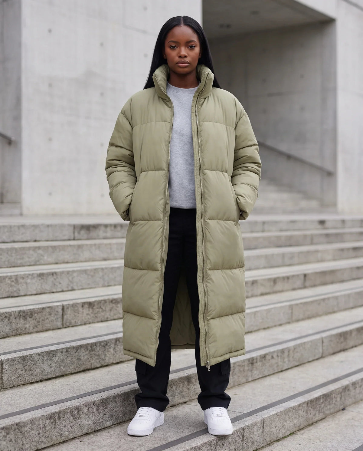 Extra-Long Boxy Puffer Jacket with Funnel Collar and Double Zip
