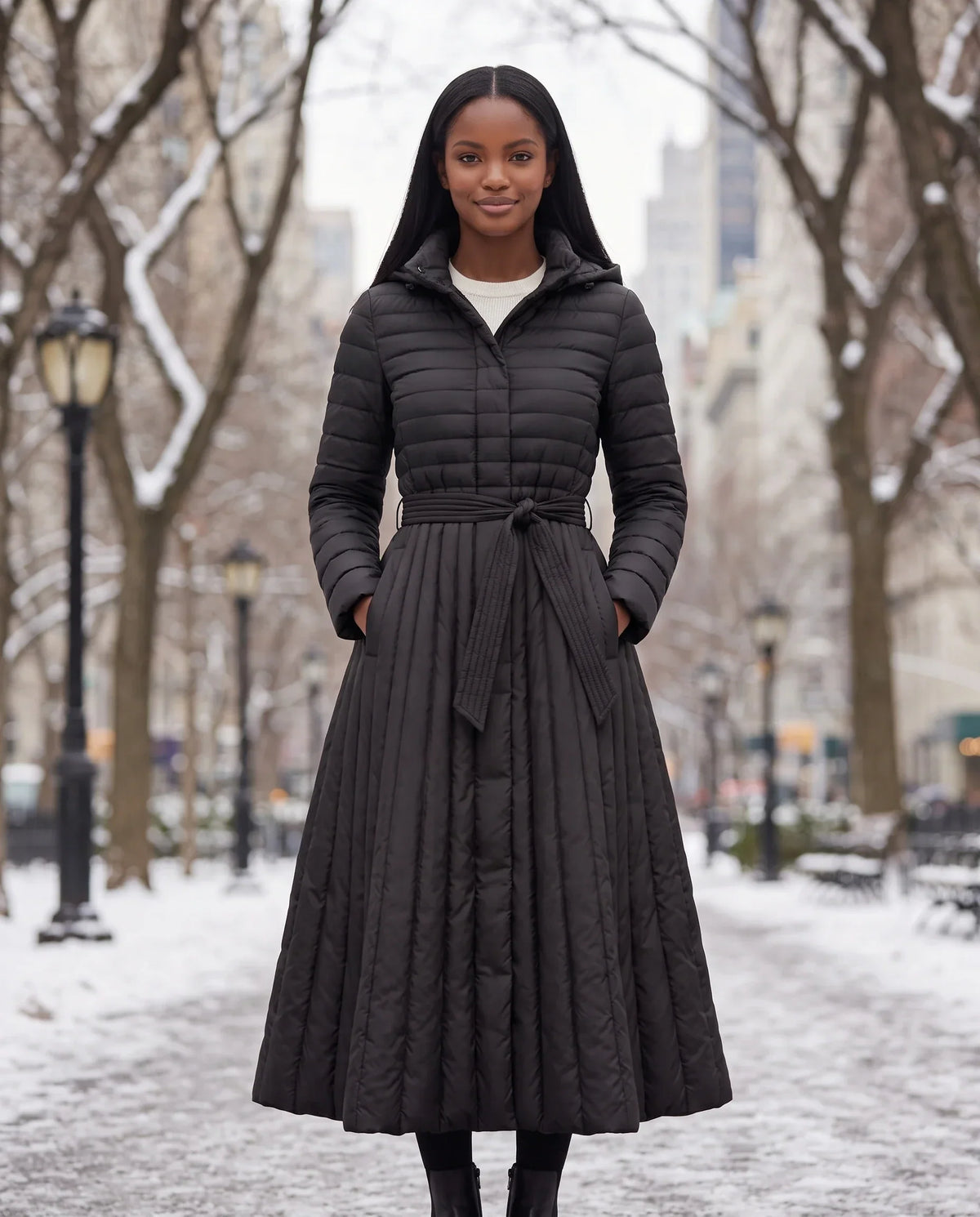 Extra-Long Flared Hooded Puffer Coat