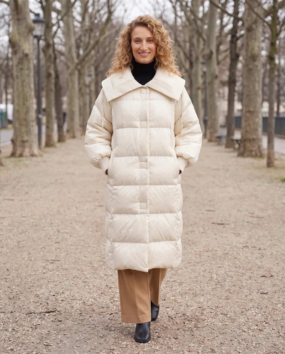 Extra-Long Puffer Jacket with Large Square Collar