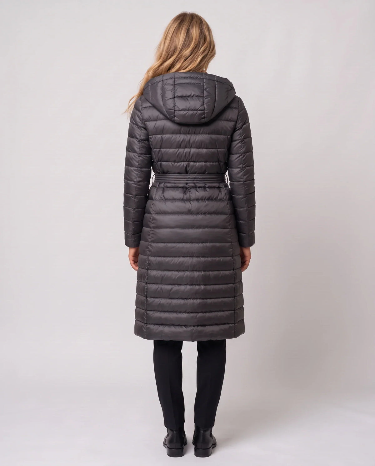 Extra-Long Lightweight Hooded Puffer Jacket with Belt