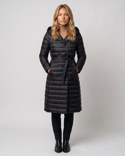 Extra-Long Lightweight Hooded Puffer Jacket with Belt