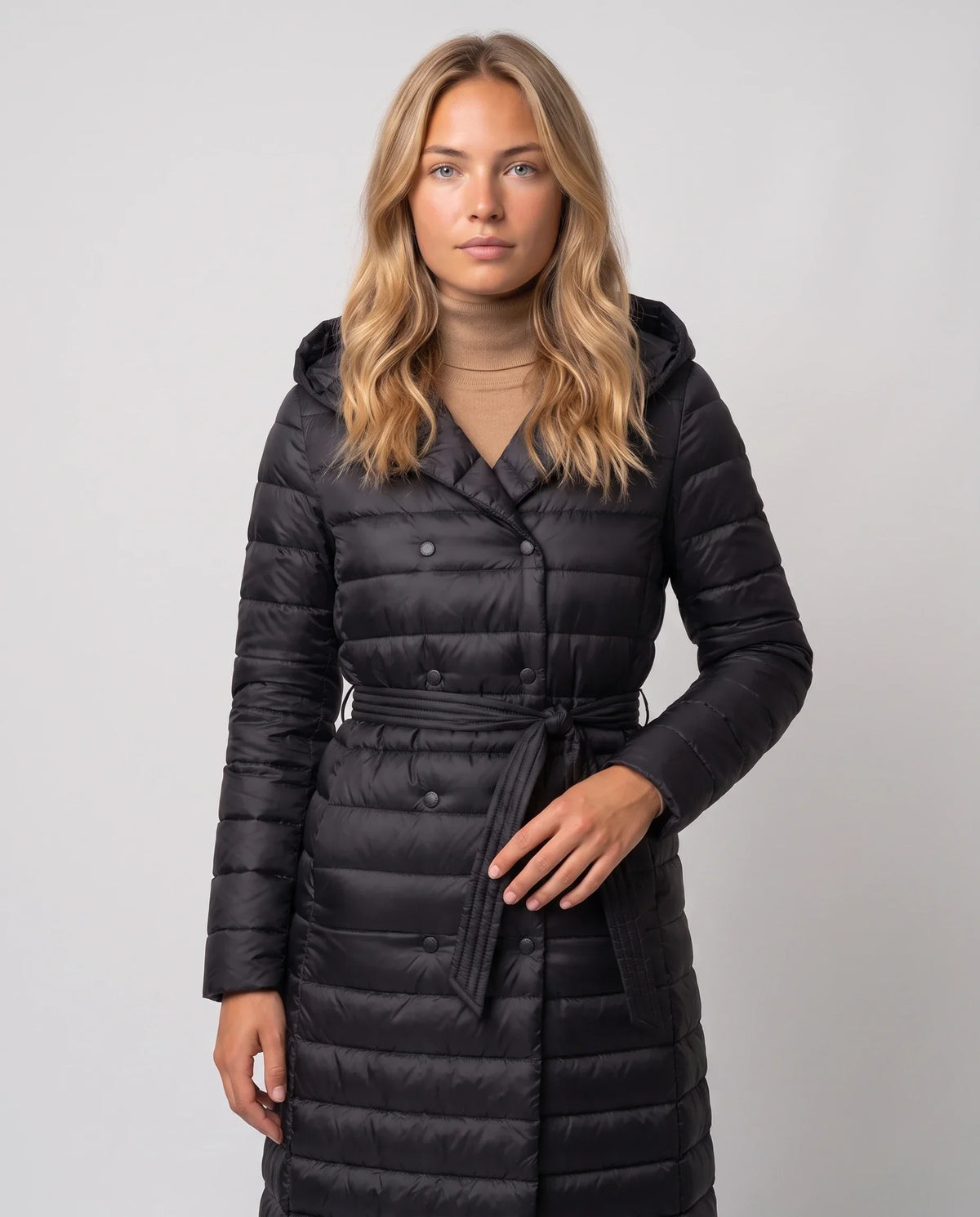 Extra-Long Lightweight Hooded Puffer Jacket with Belt