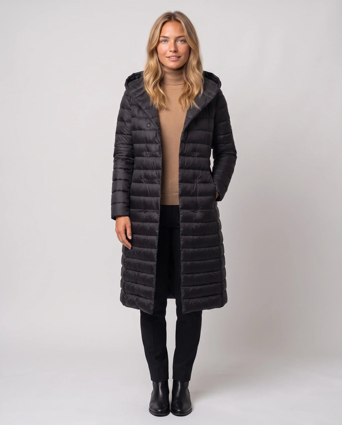 Extra-Long Lightweight Hooded Puffer Jacket with Belt
