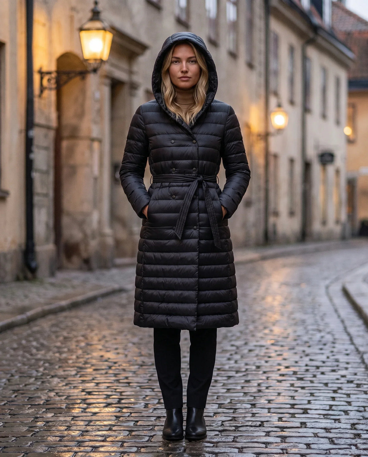 Extra-Long Lightweight Hooded Puffer Jacket with Belt