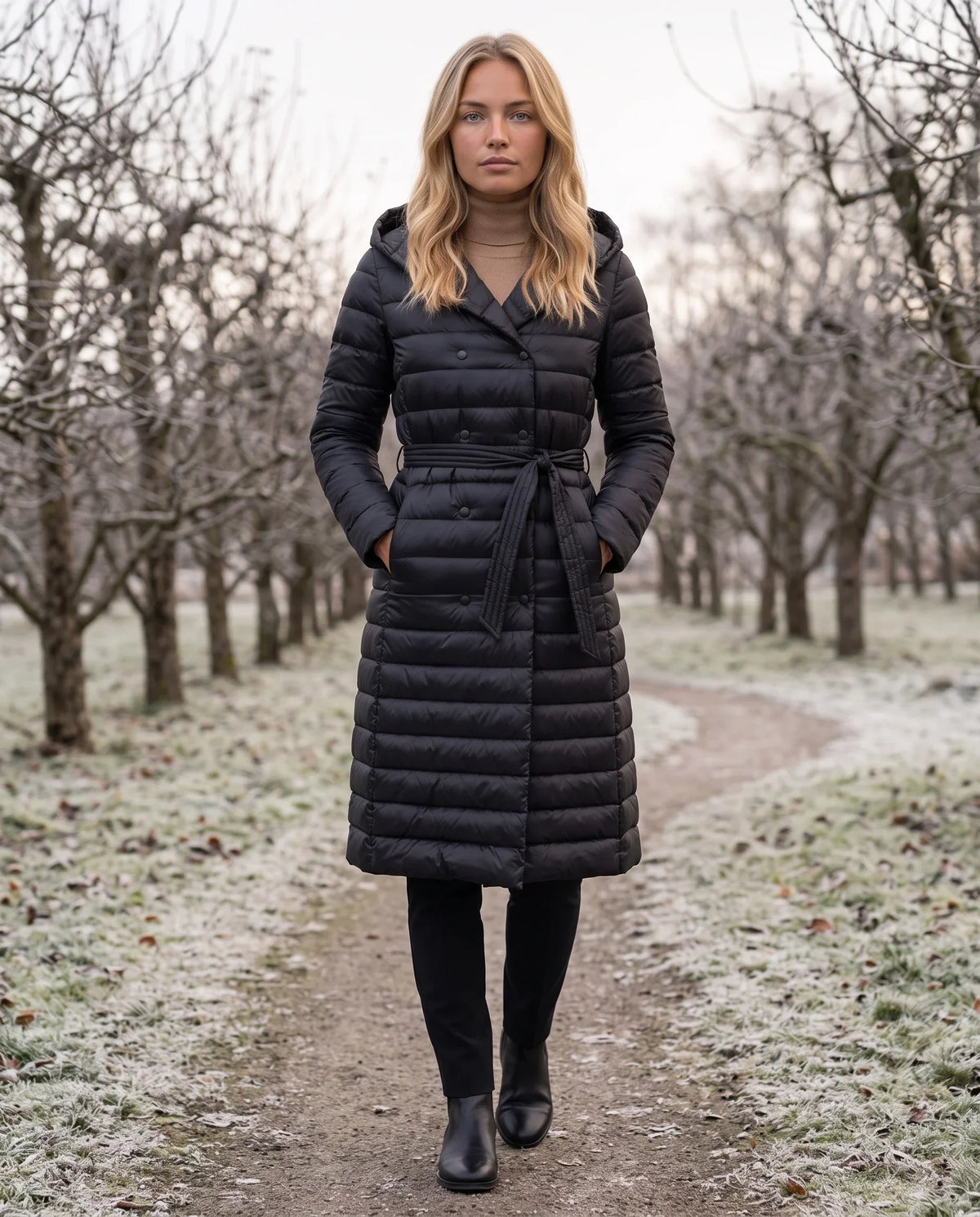 Extra-Long Lightweight Hooded Puffer Jacket with Belt