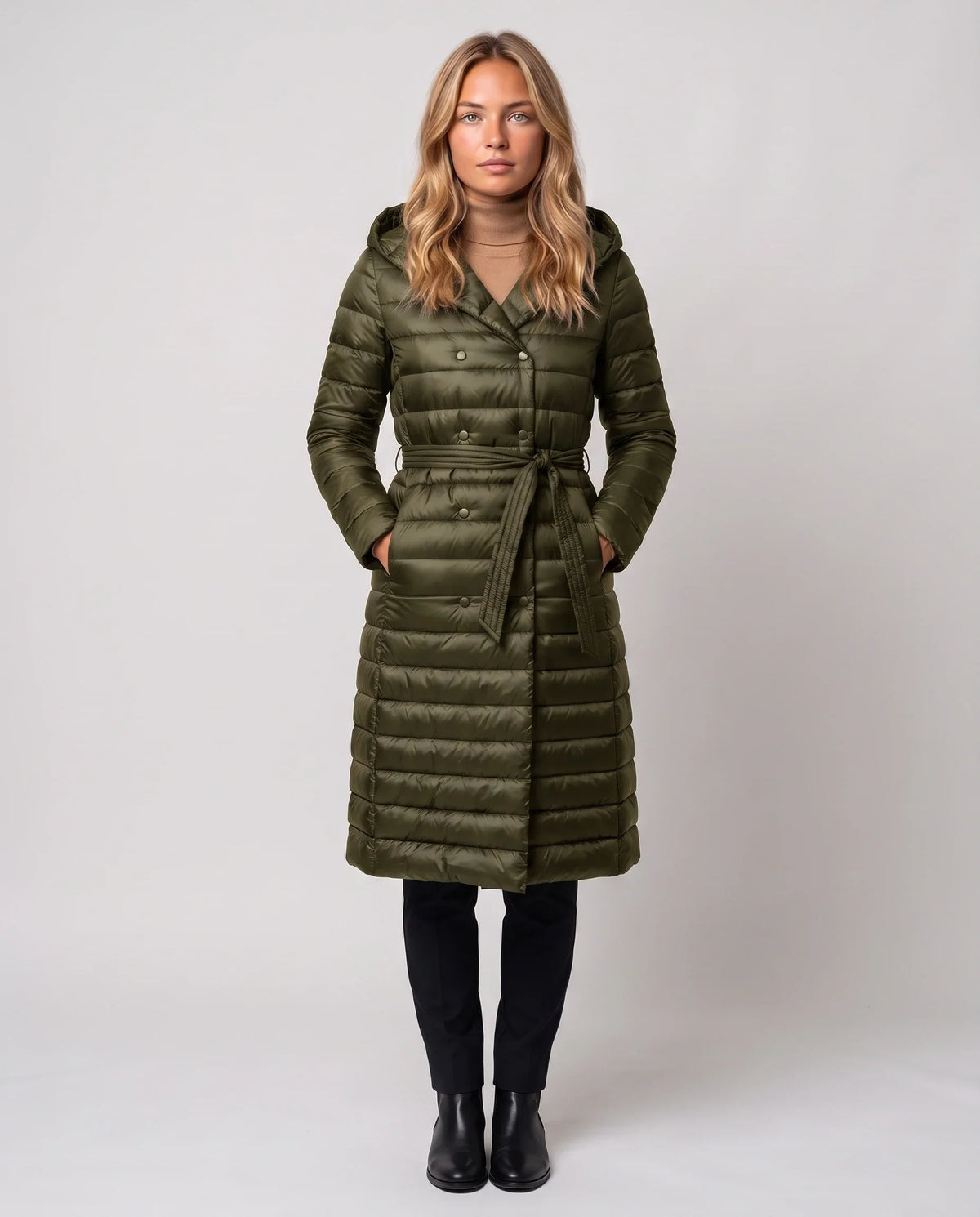 Extra-Long Lightweight Hooded Puffer Jacket with Belt