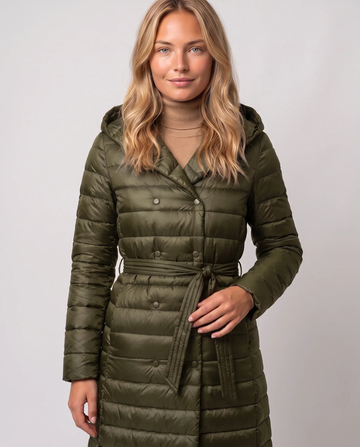 Extra-Long Lightweight Hooded Puffer Jacket with Belt