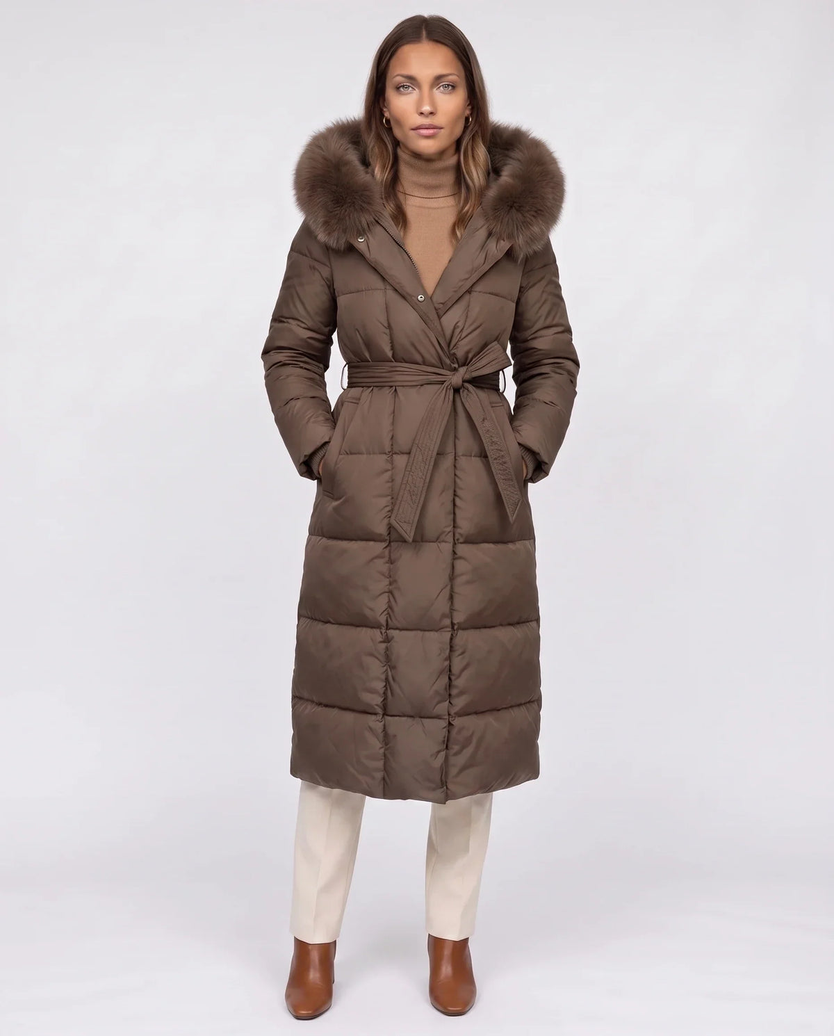 Belted Mid-Length Puffer Jacket with Faux Fur Hood