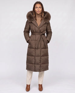 Belted Mid-Length Puffer Jacket with Faux Fur Hood