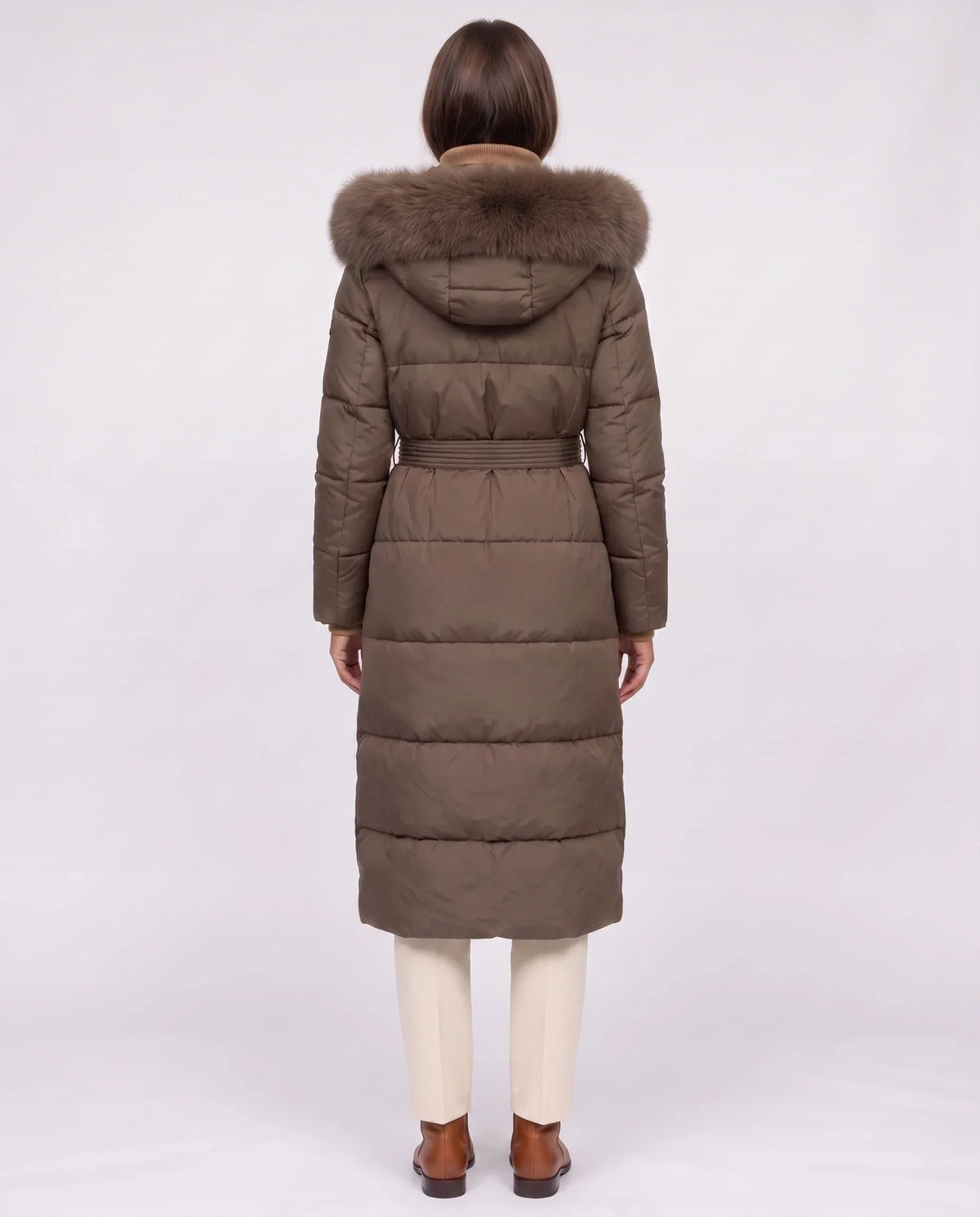 Belted Mid-Length Puffer Jacket with Faux Fur Hood