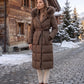 Belted Mid-Length Puffer Jacket with Faux Fur Hood