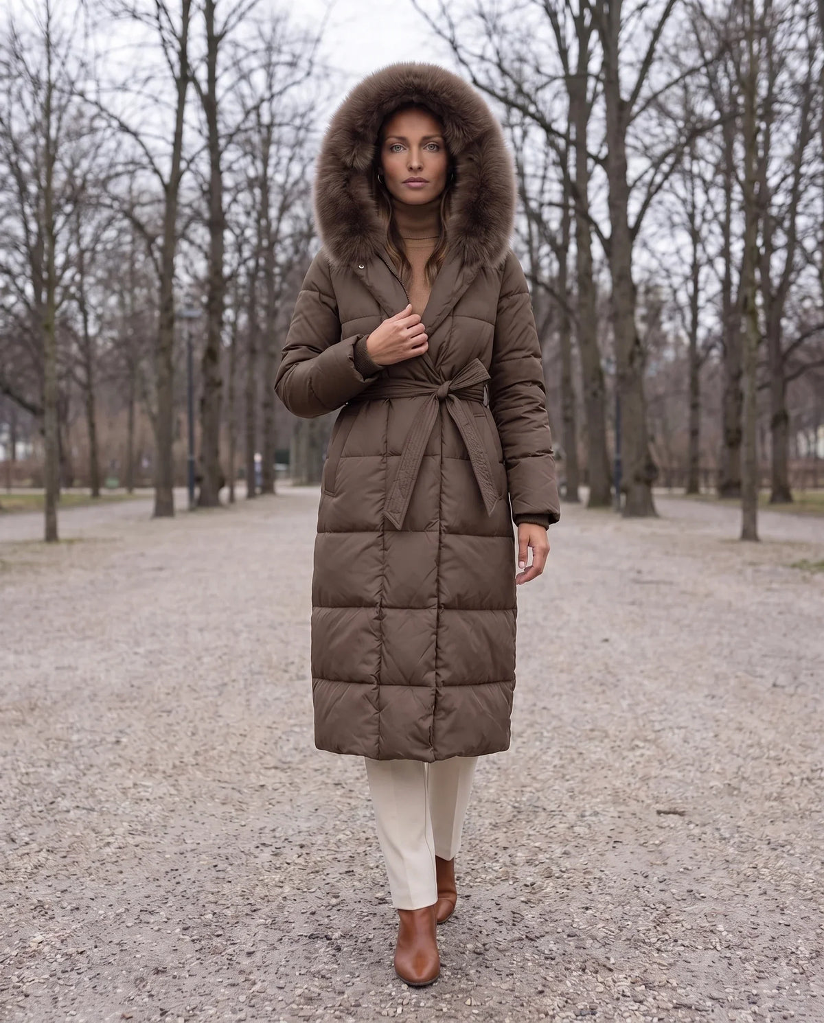 Belted Mid-Length Puffer Jacket with Faux Fur Hood