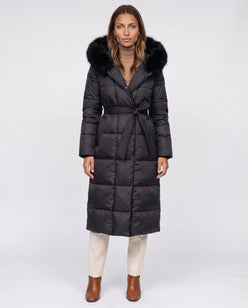 Belted Mid-Length Puffer Jacket with Faux Fur Hood