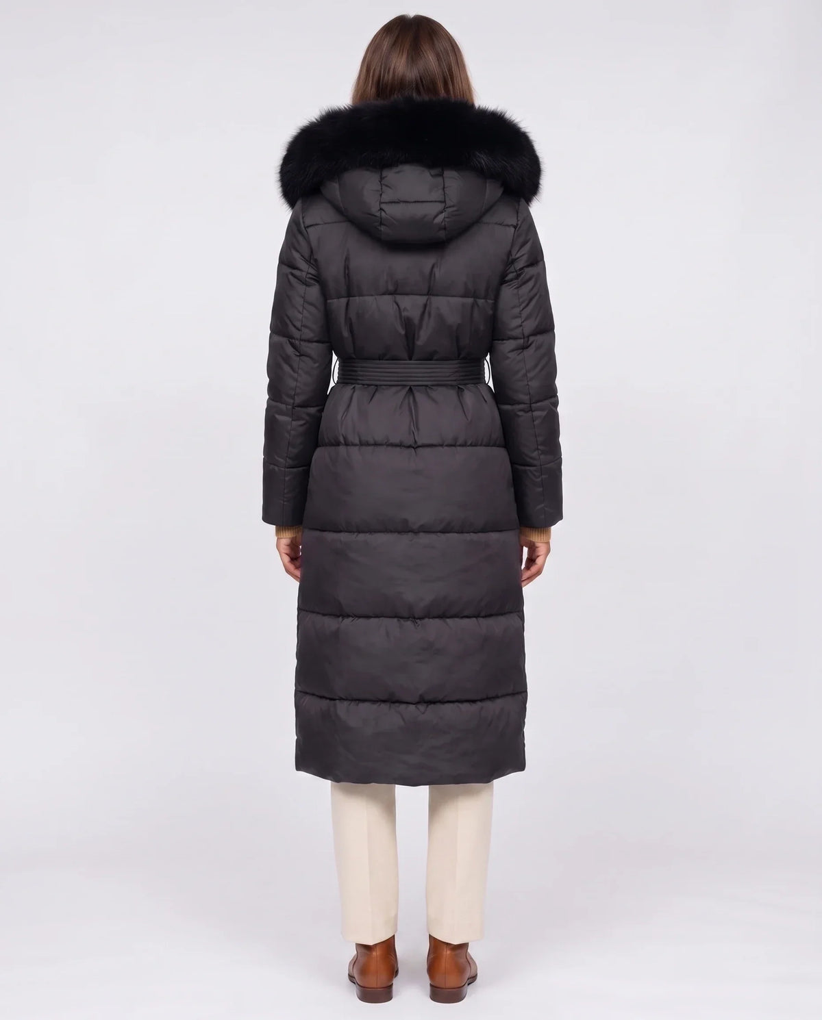 Belted Mid-Length Puffer Jacket with Faux Fur Hood