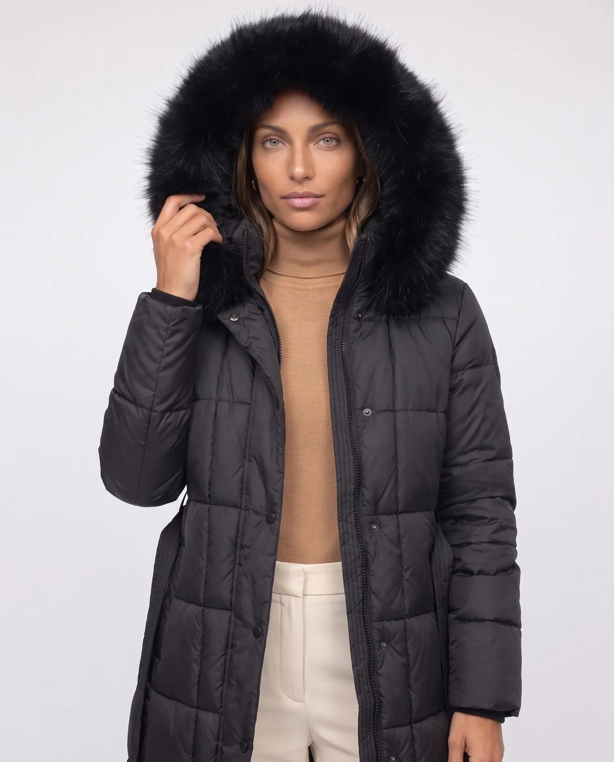 Belted Mid-Length Puffer Jacket with Faux Fur Hood