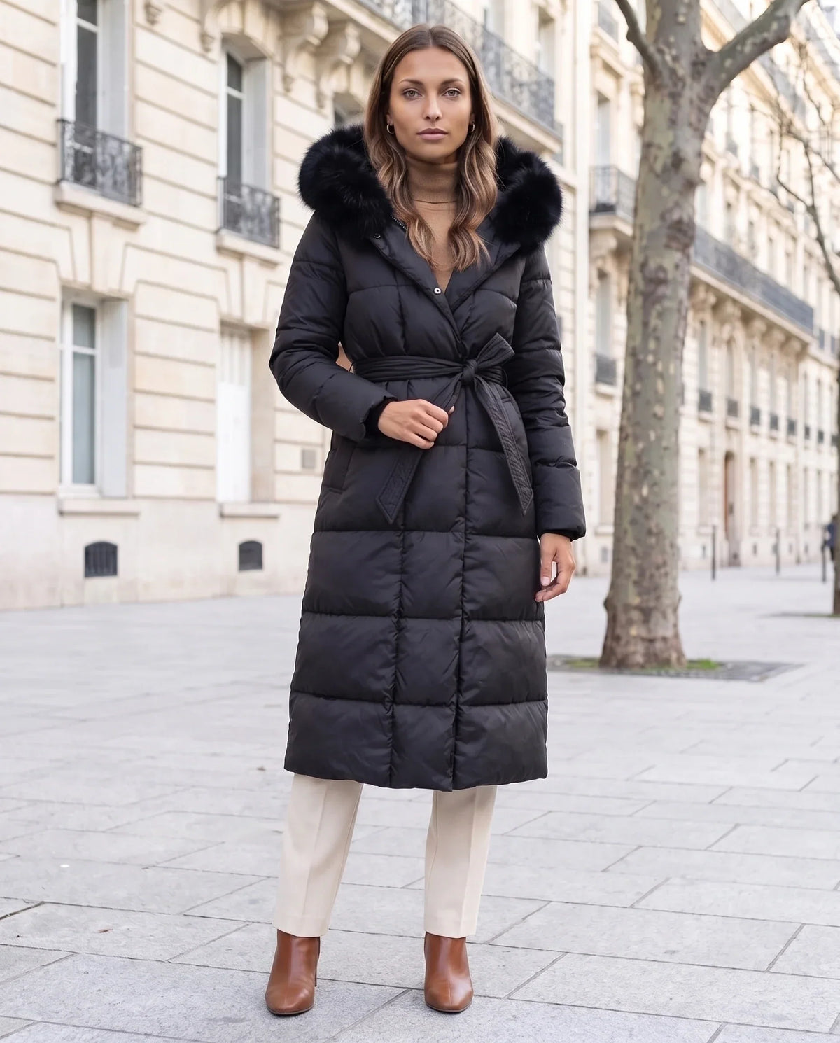 Belted Mid-Length Puffer Jacket with Faux Fur Hood