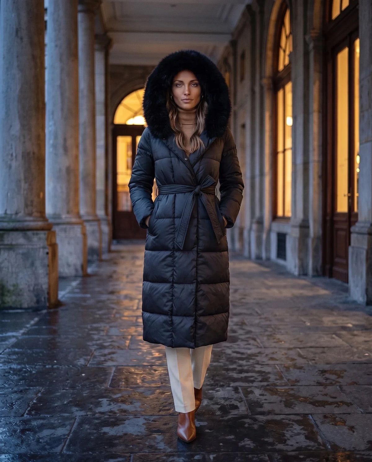 Belted Mid-Length Puffer Jacket with Faux Fur Hood