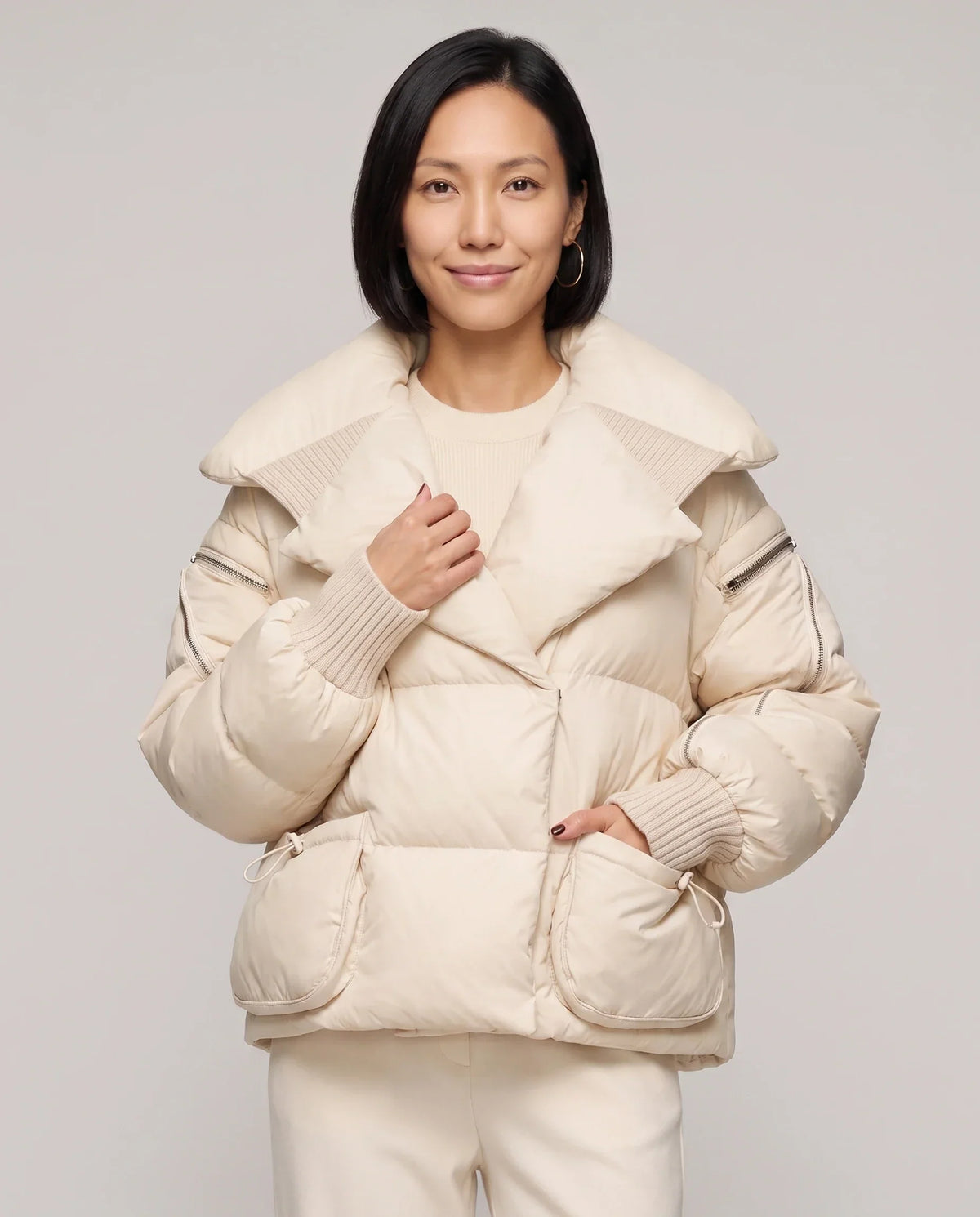 Short Puffer Jacket with Oversized Quilted Collar