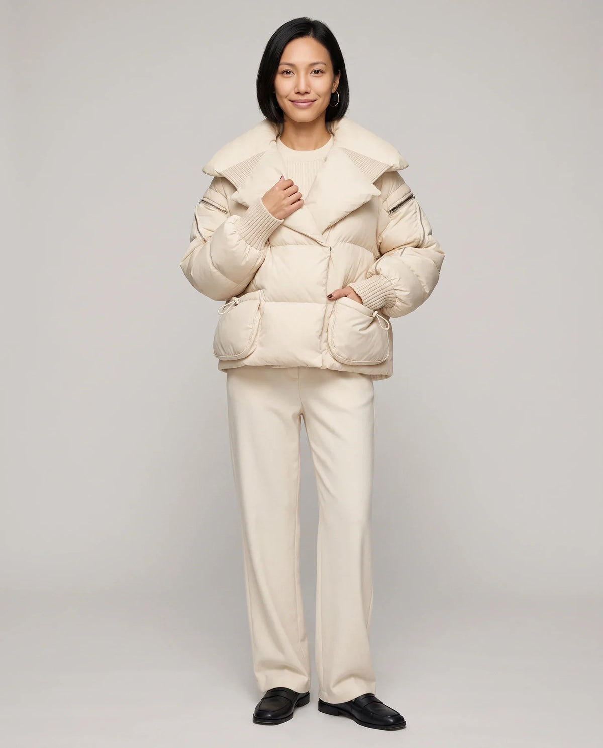 Short Puffer Jacket with Oversized Quilted Collar