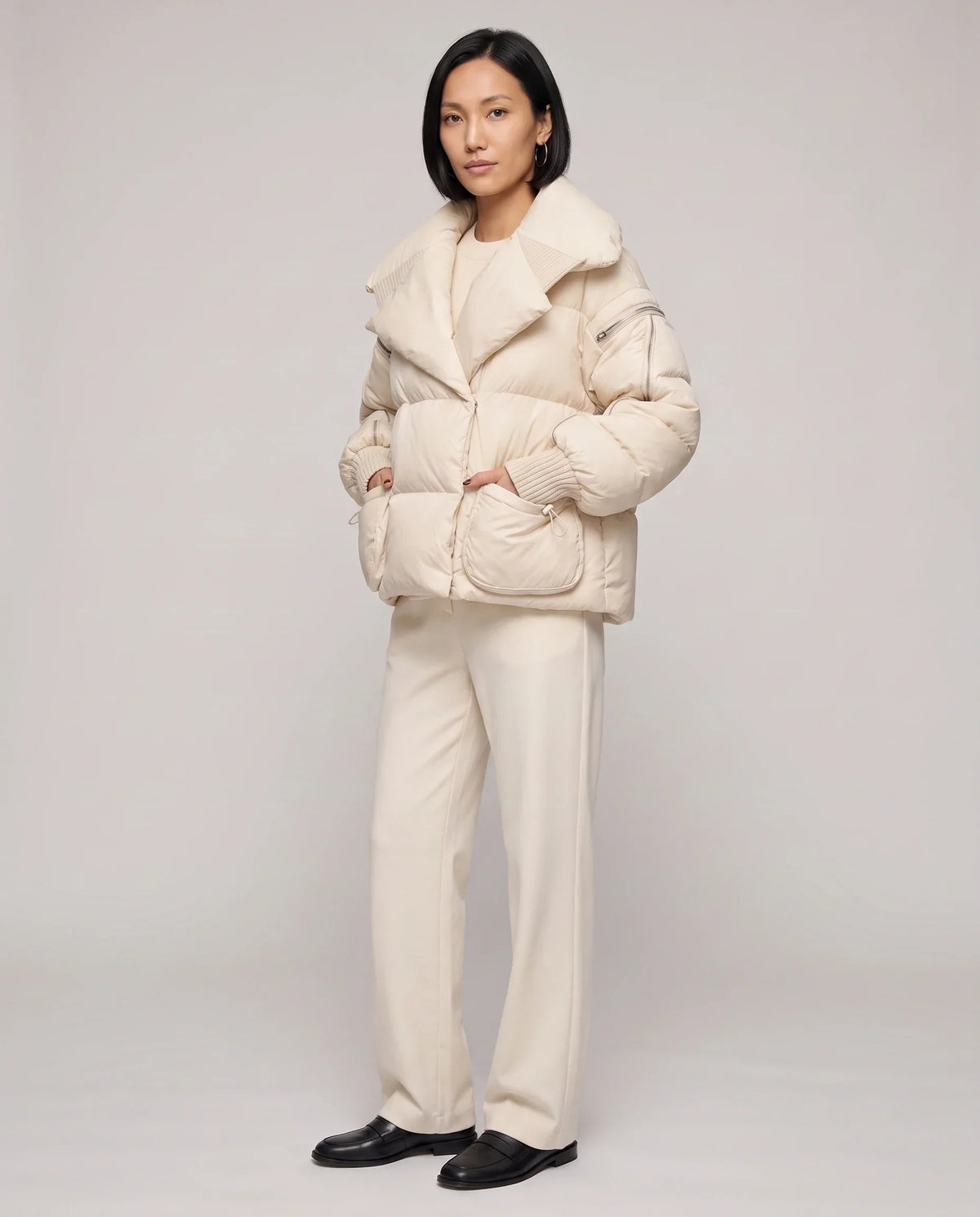 Short Puffer Jacket with Oversized Quilted Collar