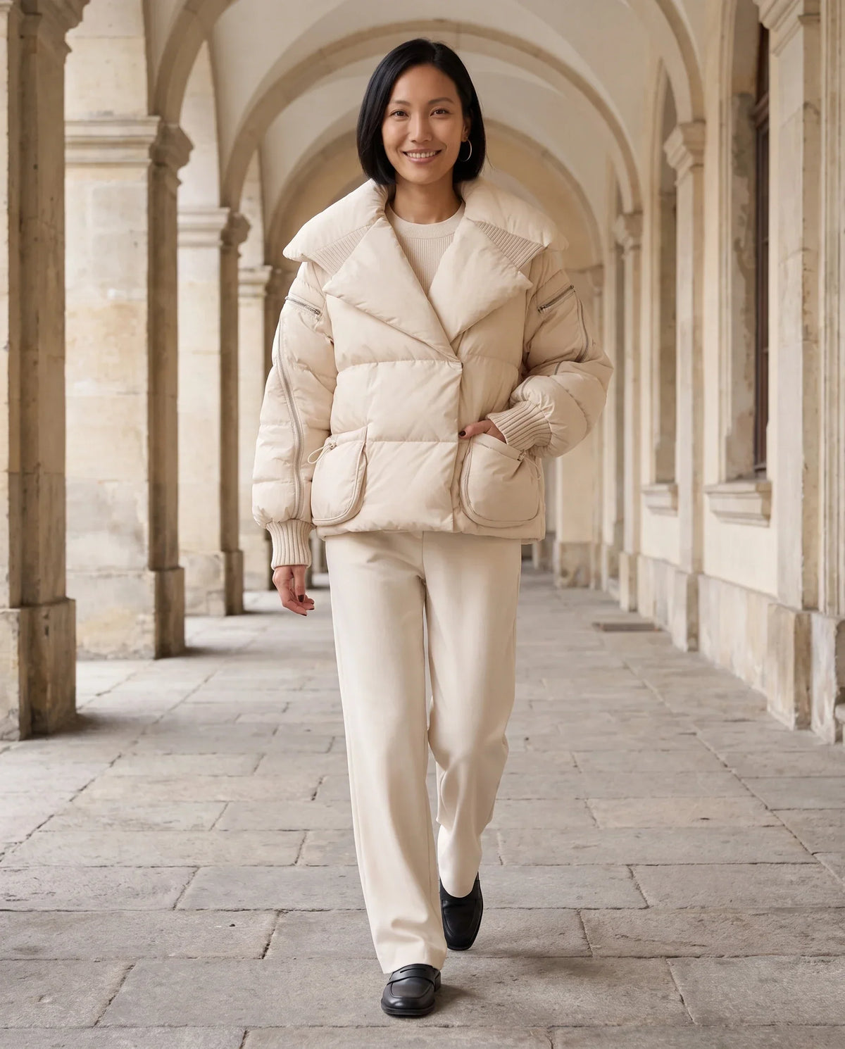 Short Puffer Jacket with Oversized Quilted Collar