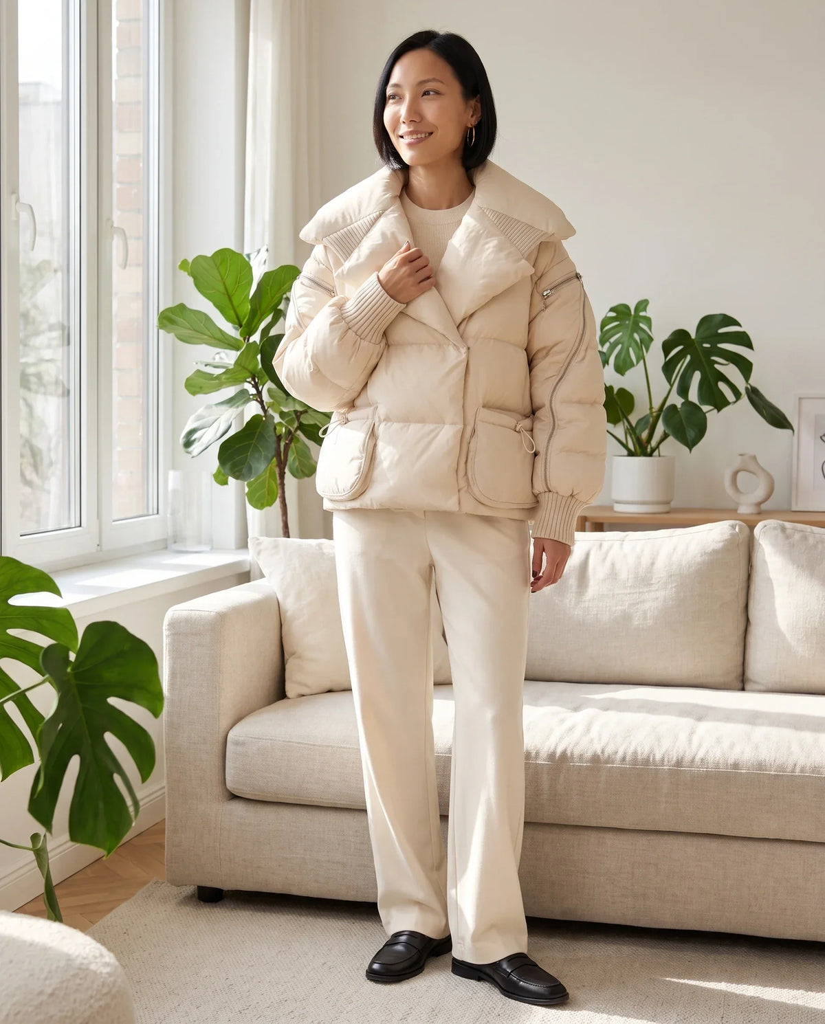 Short Puffer Jacket with Oversized Quilted Collar