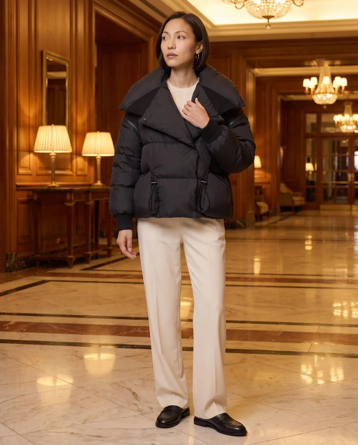 Short Puffer Jacket with Oversized Quilted Collar