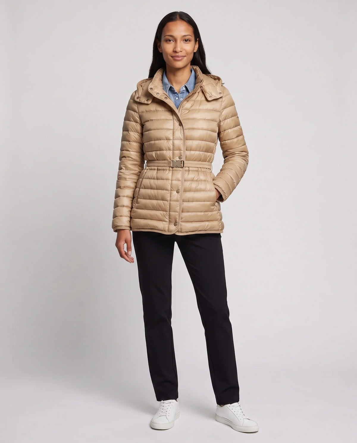 Lightweight Hooded Puffer Jacket with Buckle Belt
