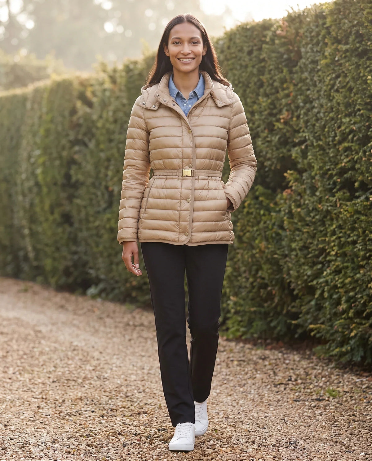 Lightweight Hooded Puffer Jacket with Buckle Belt