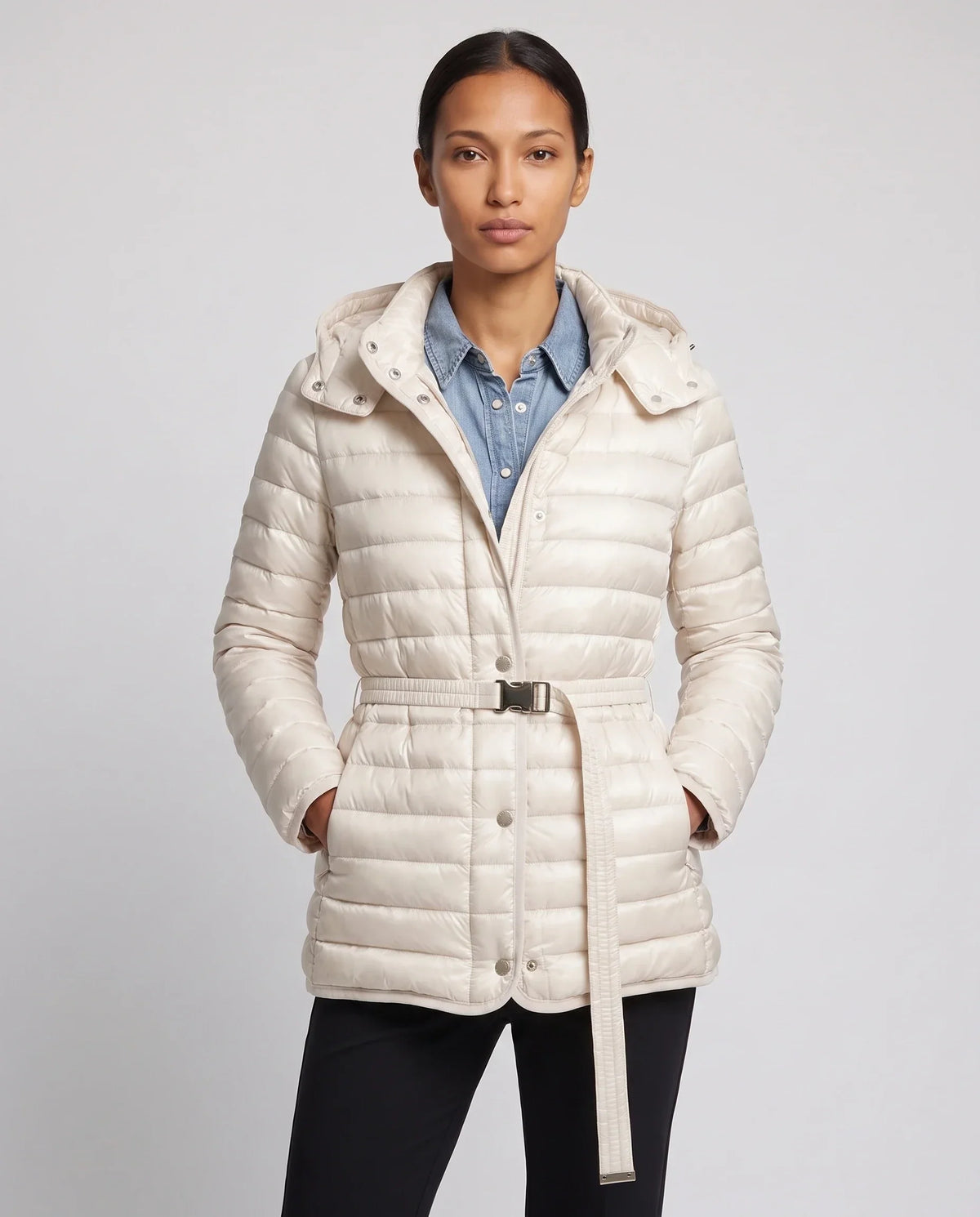 Lightweight Hooded Puffer Jacket with Buckle Belt