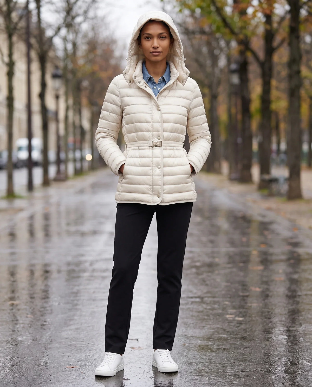 Lightweight Hooded Puffer Jacket with Buckle Belt