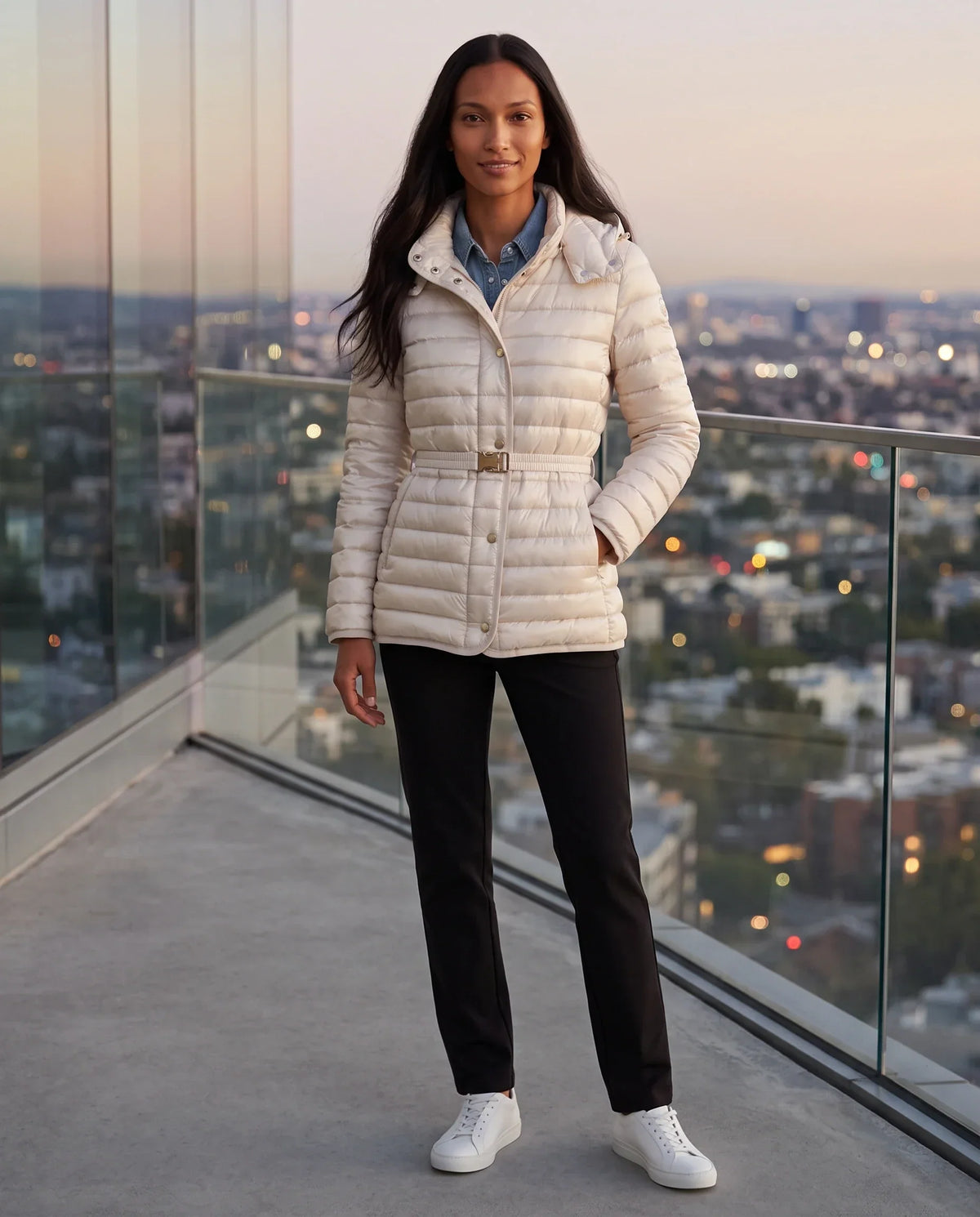 Lightweight Hooded Puffer Jacket with Buckle Belt