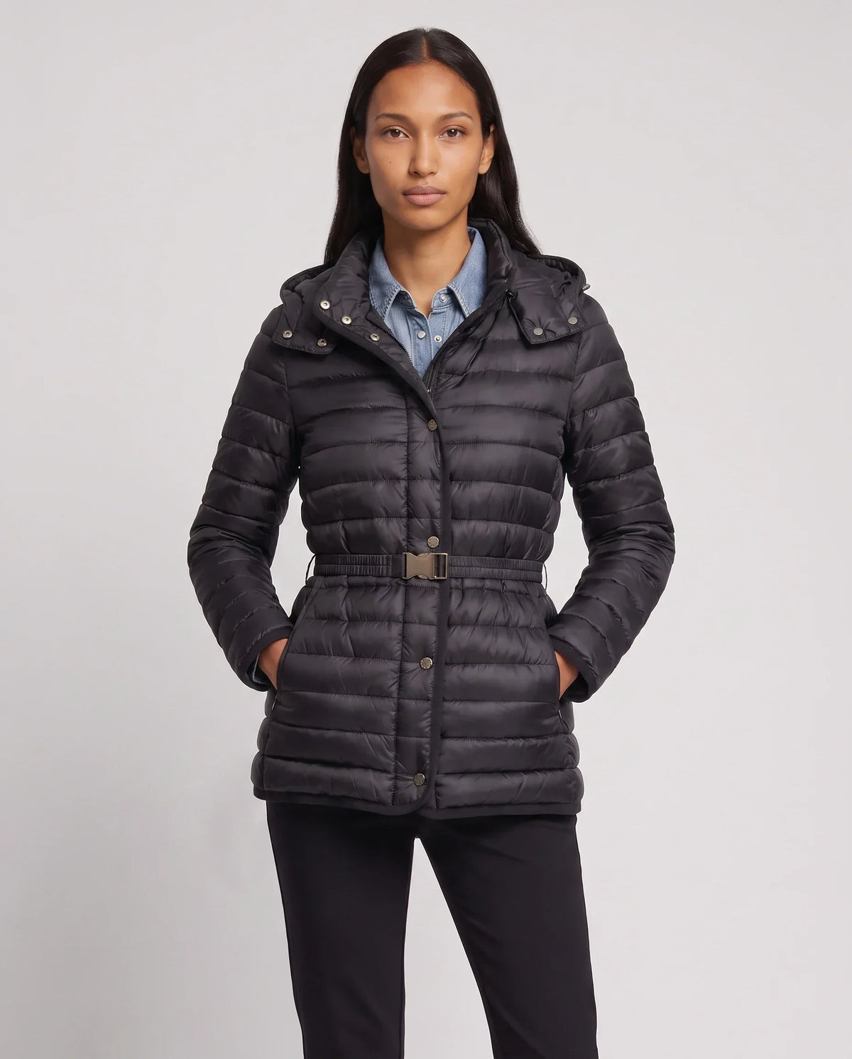 Lightweight Hooded Puffer Jacket with Buckle Belt