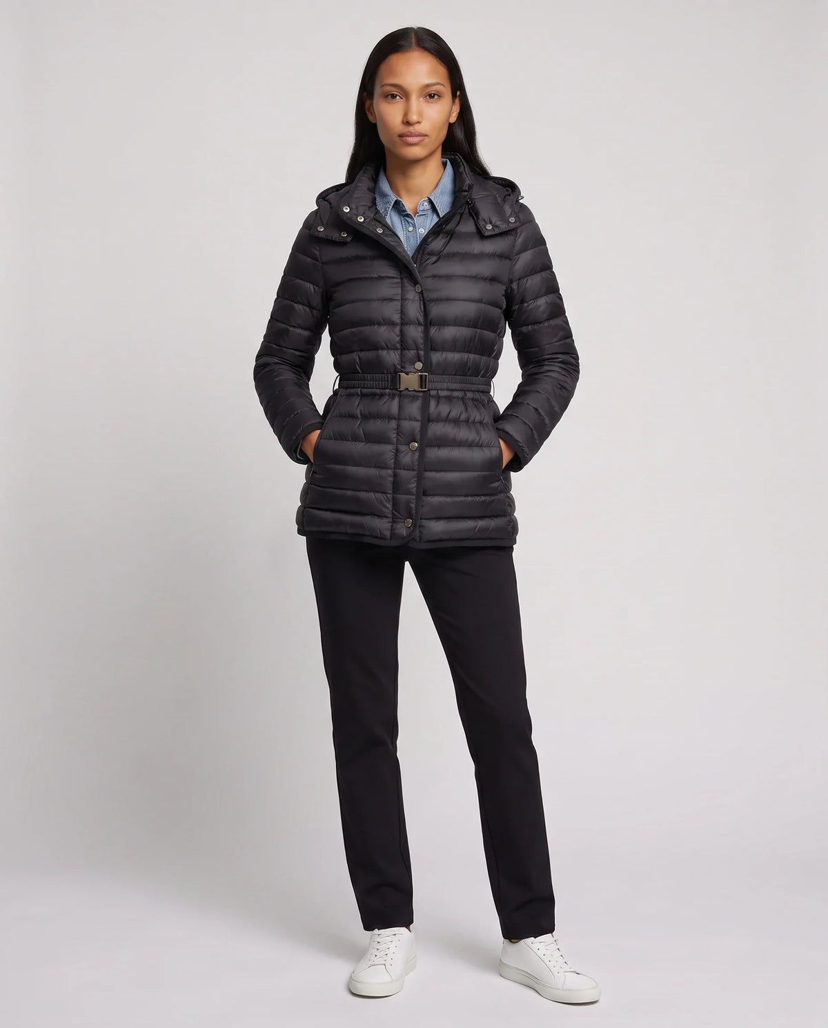 Lightweight Hooded Puffer Jacket with Buckle Belt