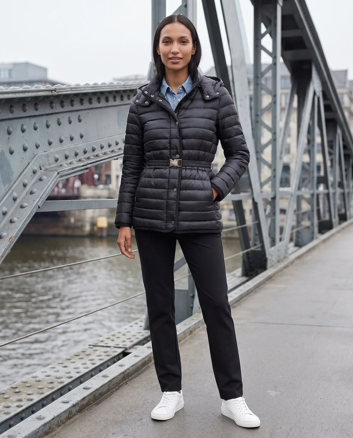 Lightweight Hooded Puffer Jacket with Buckle Belt