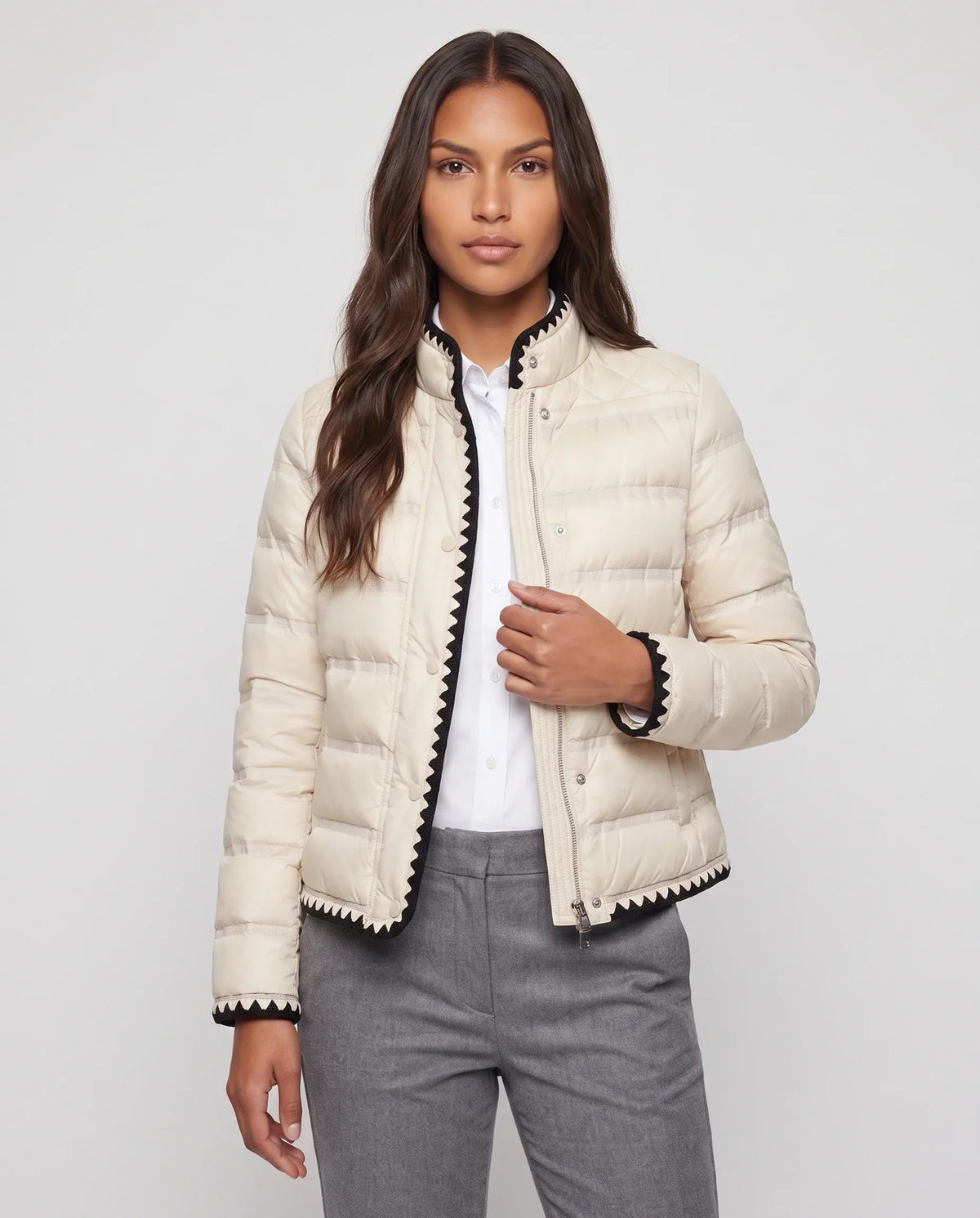 Short Lightweight Puffer Jacket with Knitted Trim