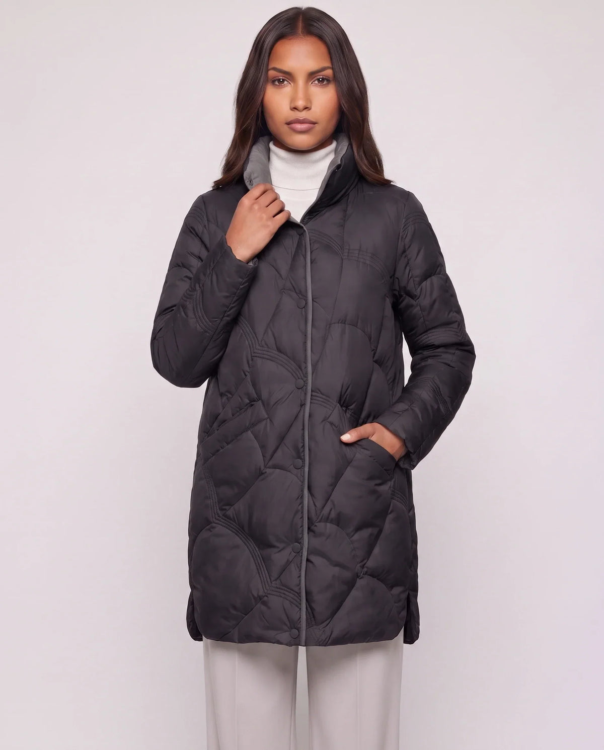 Lightweight Mid-Length Puffer Jacket with Wave Quilting