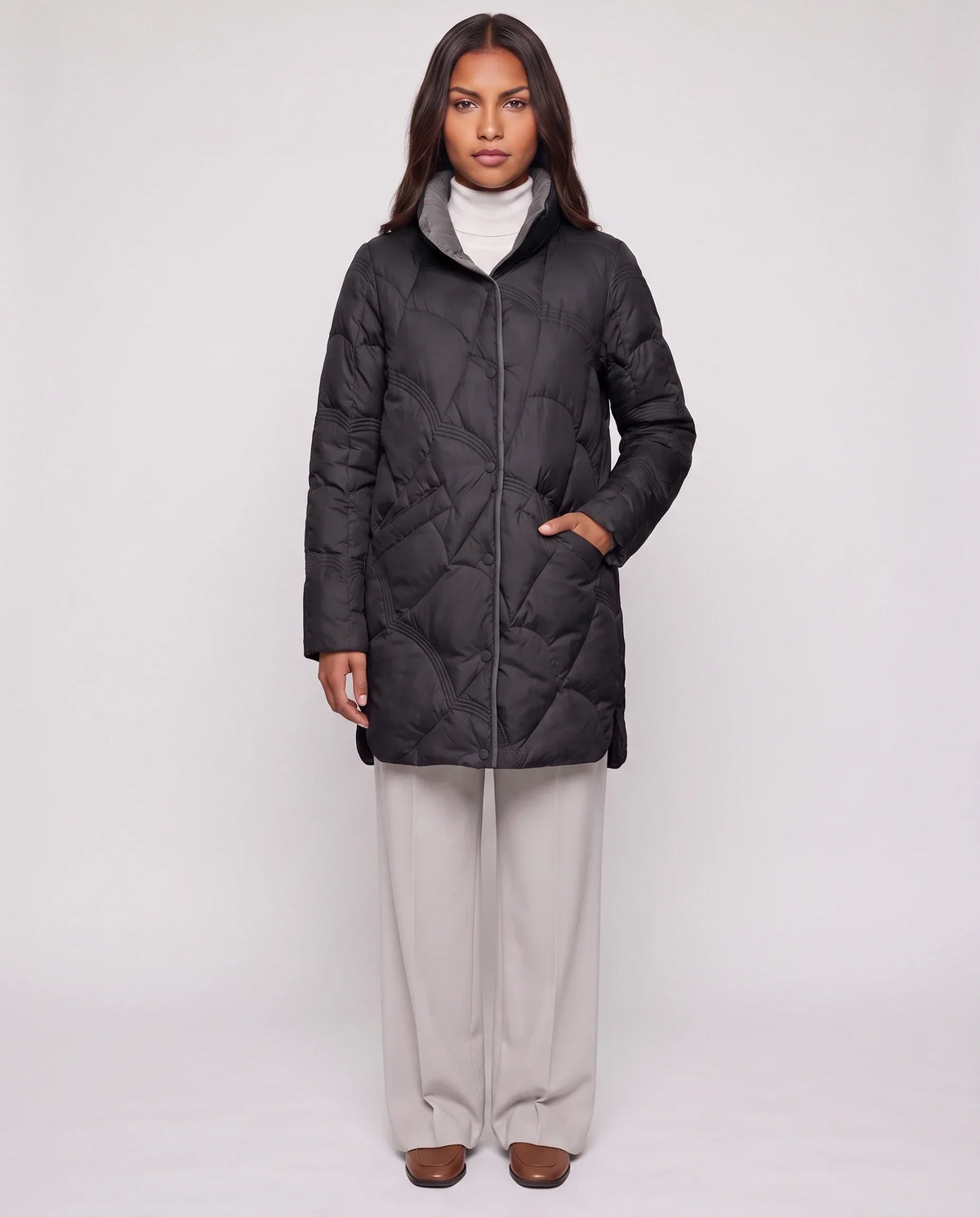 Lightweight Mid-Length Puffer Jacket with Wave Quilting