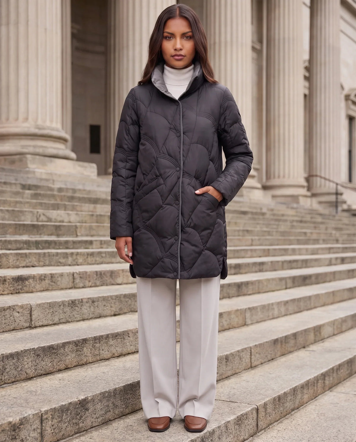 Lightweight Mid-Length Puffer Jacket with Wave Quilting