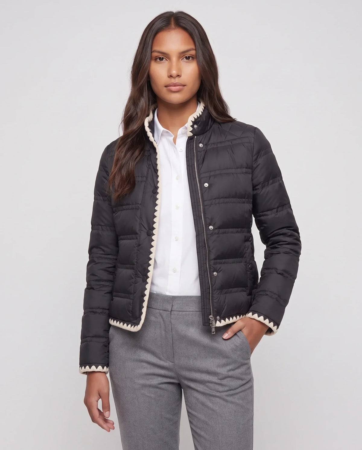 Short Lightweight Puffer Jacket with Knitted Trim