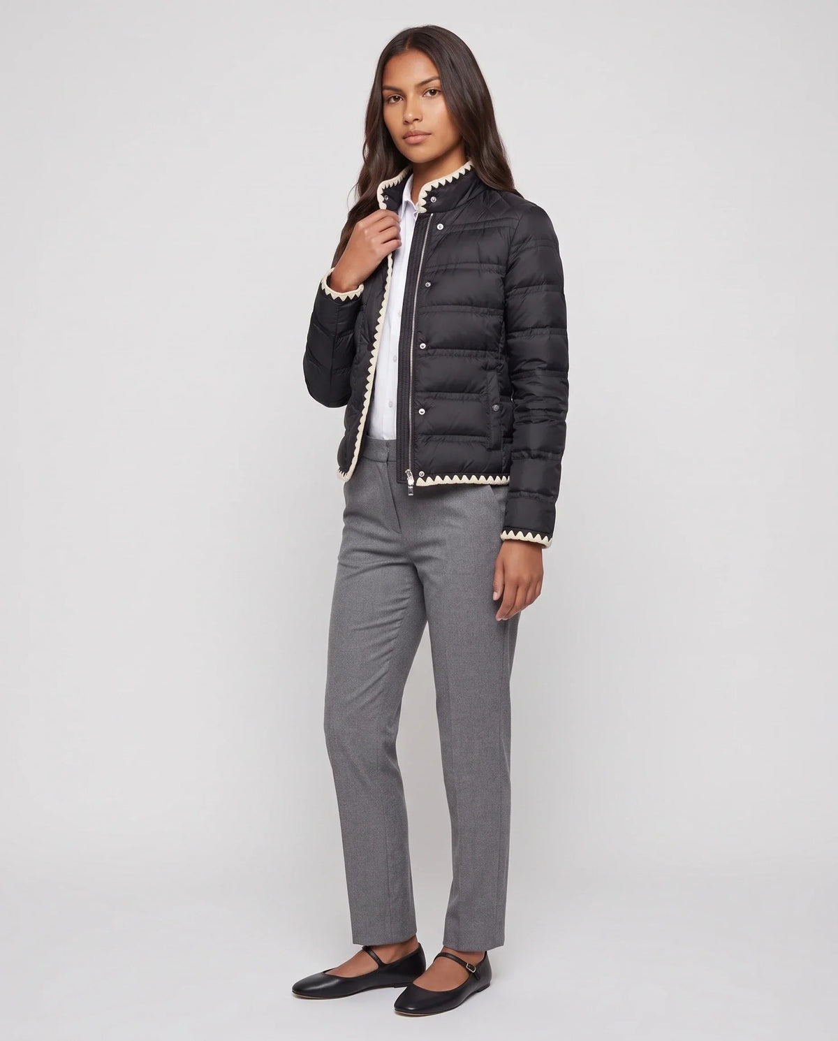 Short Lightweight Puffer Jacket with Knitted Trim
