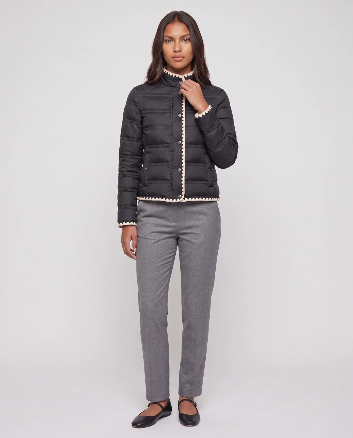 Short Lightweight Puffer Jacket with Knitted Trim